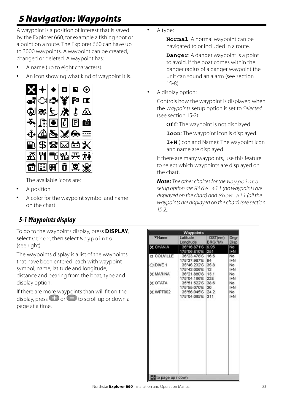 5 navigation: waypoints, 1 waypoints display | NorthStar Navigation Explorer 660 User Manual | Page 23 / 76