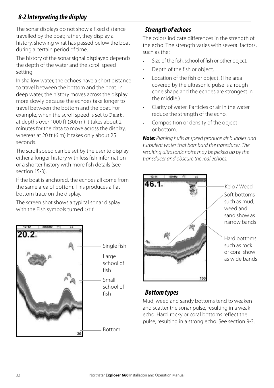 2 interpreting the display, Strength of echoes, Bottom types | NorthStar Navigation Explorer 660 User Manual | Page 32 / 76