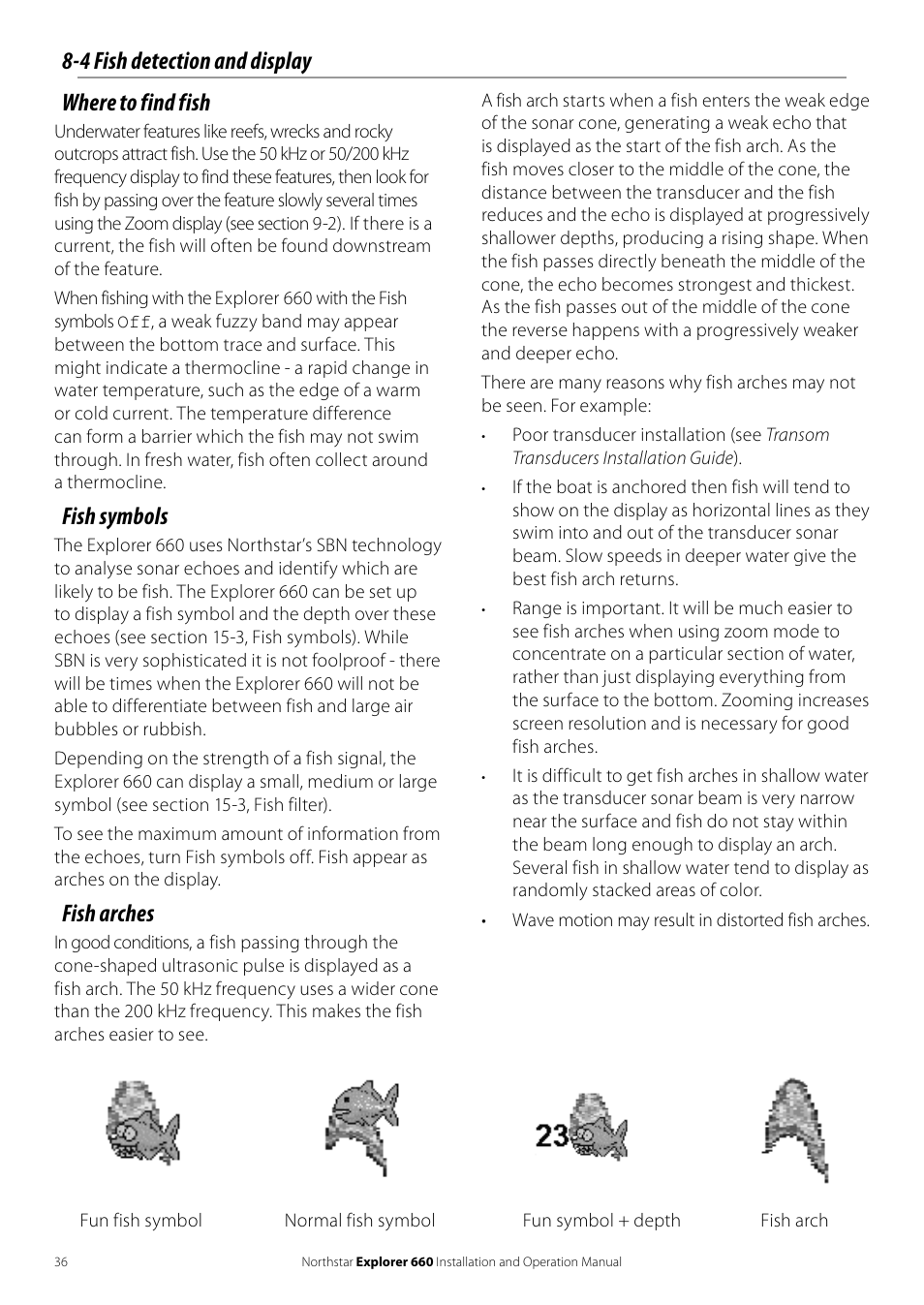 4 fish detection and display where to find fish, Fish symbols, Fish arches | NorthStar Navigation Explorer 660 User Manual | Page 36 / 76