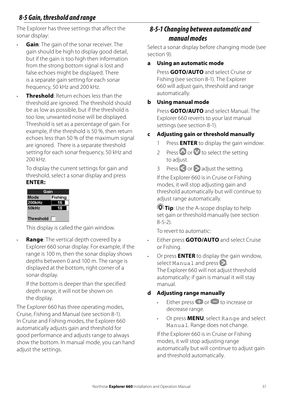 5 gain, threshold and range, 5-1 changing between automatic and manual modes | NorthStar Navigation Explorer 660 User Manual | Page 37 / 76