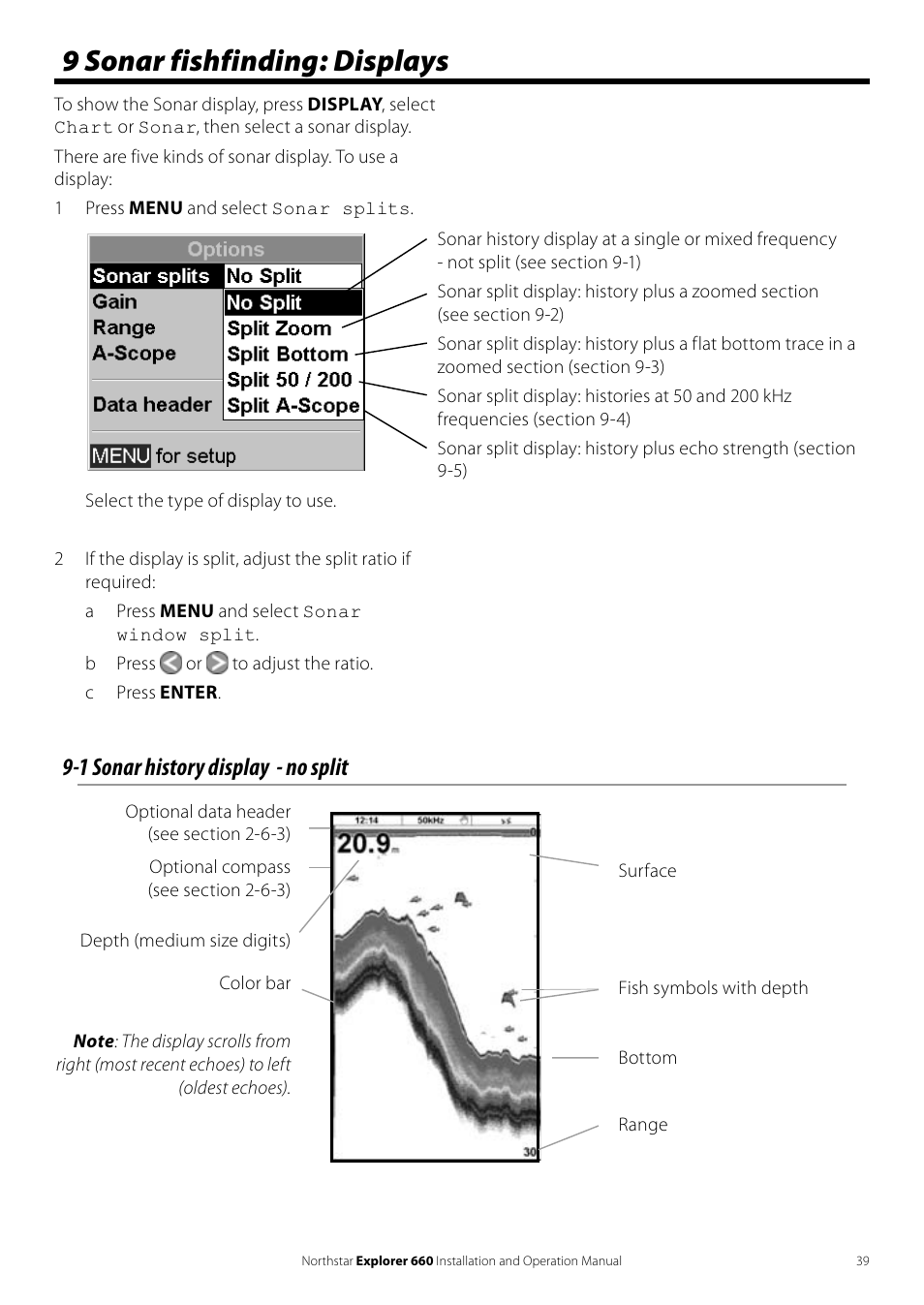 9 sonar fishfinding: displays, 1 sonar history display - no split | NorthStar Navigation Explorer 660 User Manual | Page 39 / 76