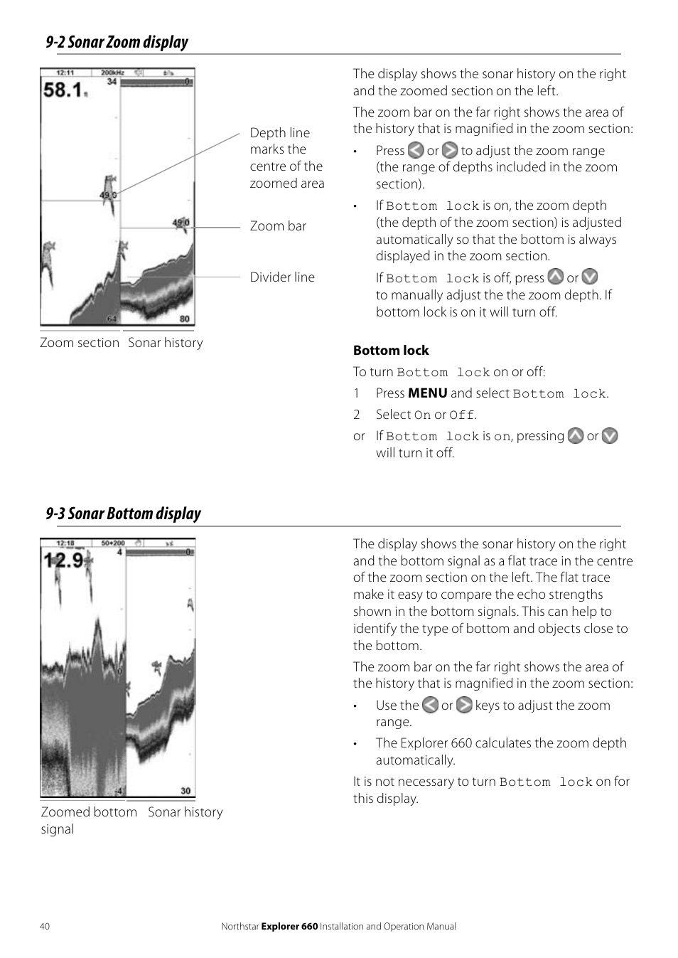 2 sonar zoom display, 3 sonar bottom display | NorthStar Navigation Explorer 660 User Manual | Page 40 / 76