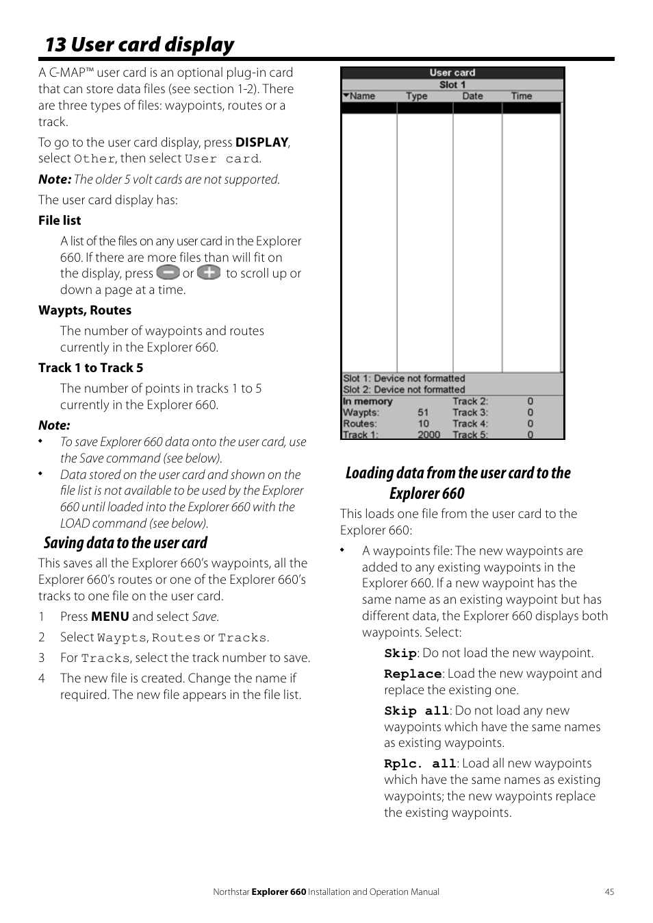 13 user card display, Saving data to the user card | NorthStar Navigation Explorer 660 User Manual | Page 45 / 76