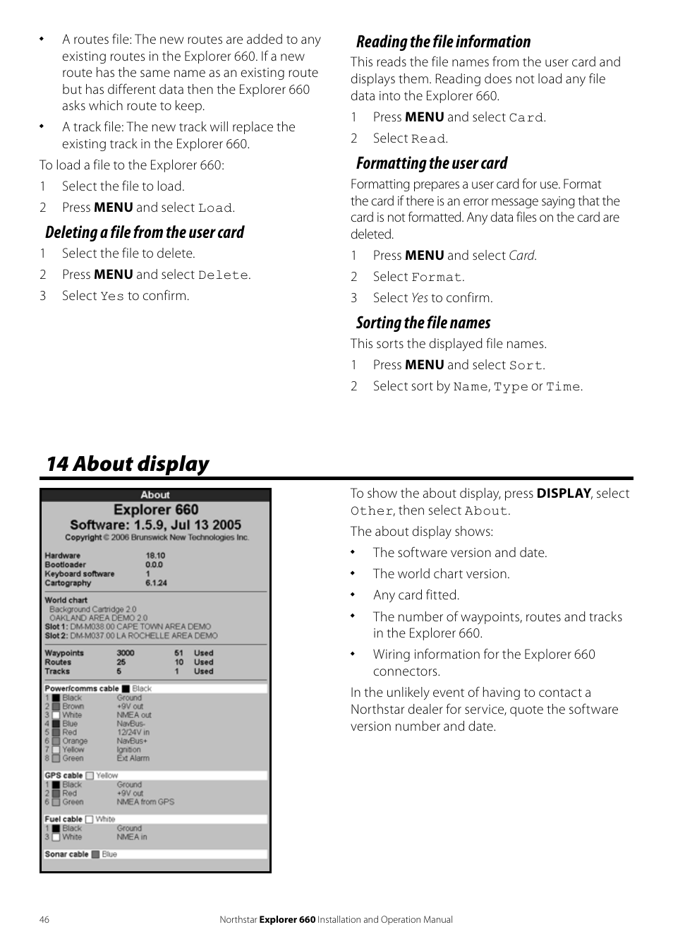 14 about display, Deleting a file from the user card, Reading the file information | Formatting the user card, Sorting the file names | NorthStar Navigation Explorer 660 User Manual | Page 46 / 76