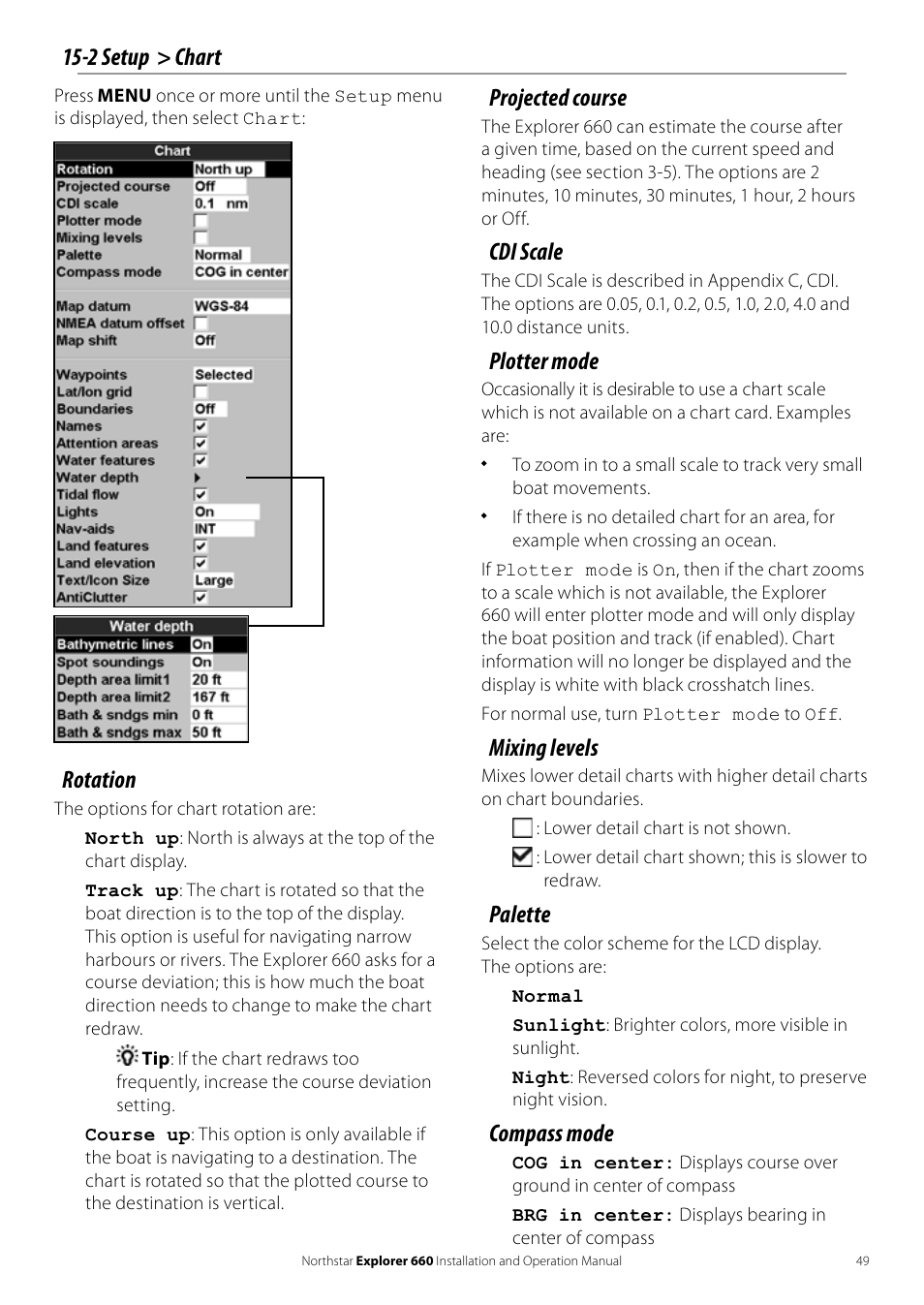Rotation, 2 setup > chart projected course, Cdi scale | Plotter mode, Mixing levels, Palette, Compass mode | NorthStar Navigation Explorer 660 User Manual | Page 49 / 76