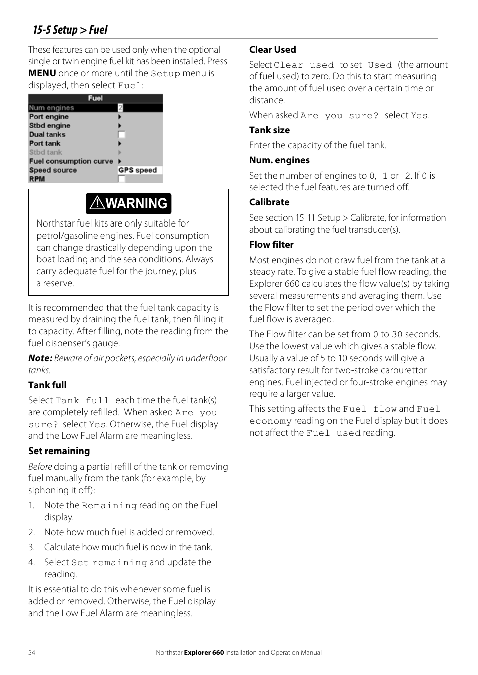 Warning, 5 setup > fuel | NorthStar Navigation Explorer 660 User Manual | Page 54 / 76