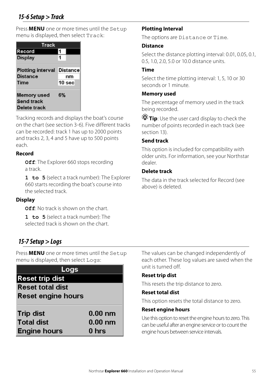 7 setup > logs, 6 setup > track | NorthStar Navigation Explorer 660 User Manual | Page 55 / 76