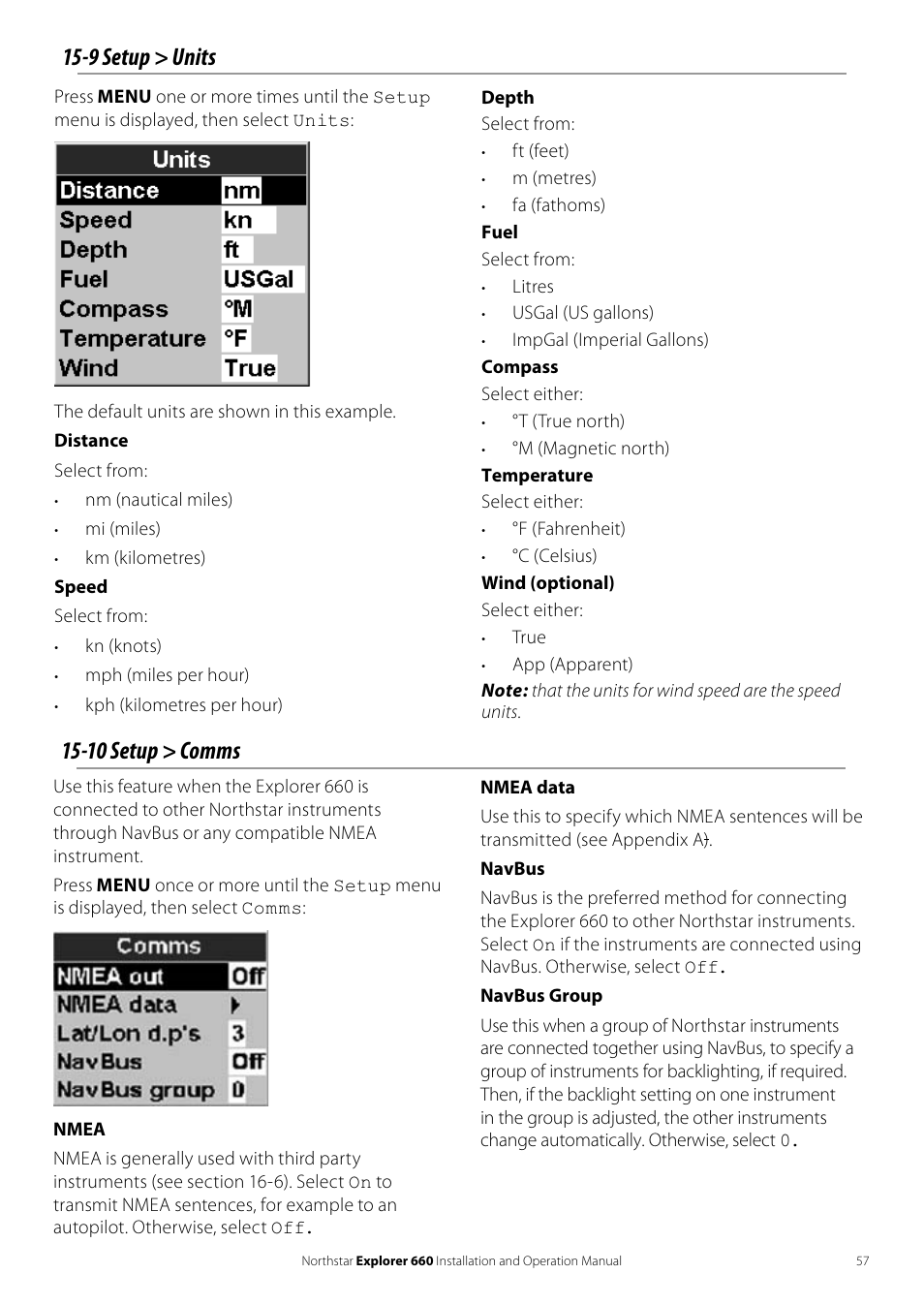9 setup > units, 10 setup > comms | NorthStar Navigation Explorer 660 User Manual | Page 57 / 76