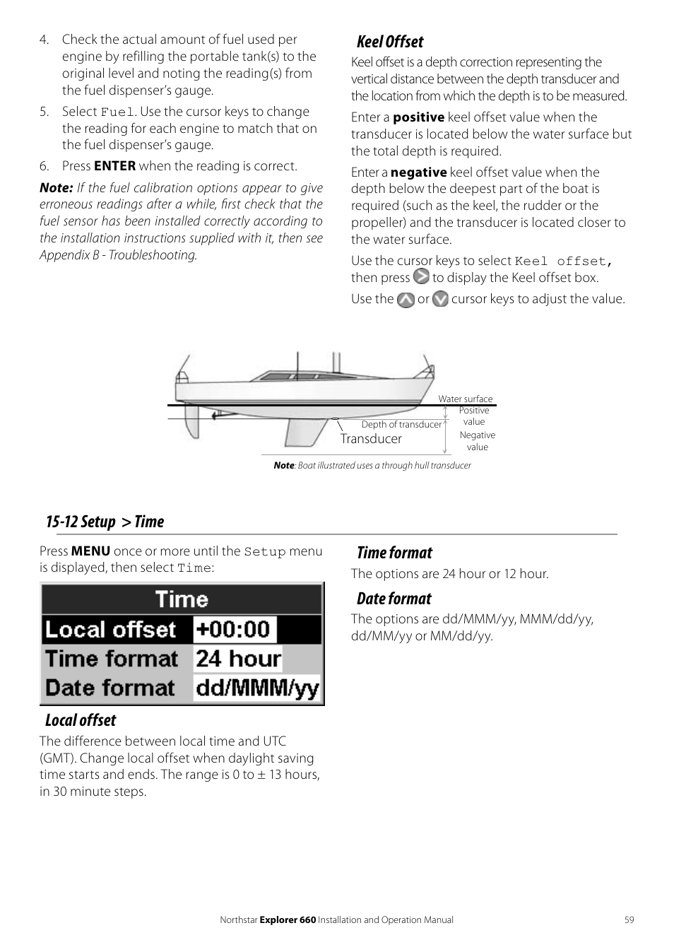 Keel offset, Local offset, 12 setup > time time format | Date format | NorthStar Navigation Explorer 660 User Manual | Page 59 / 76