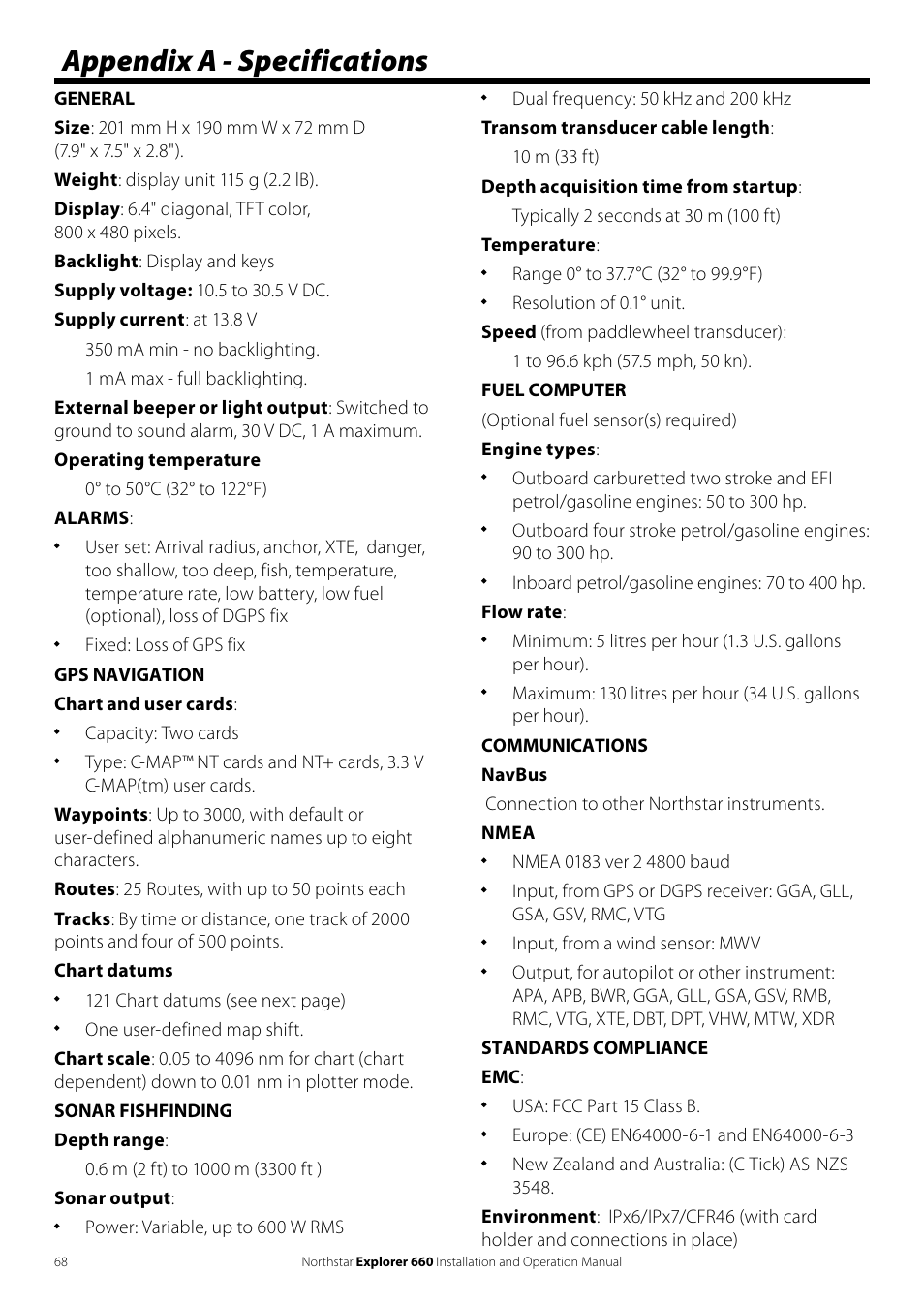 Appendix a - specifications | NorthStar Navigation Explorer 660 User Manual | Page 68 / 76