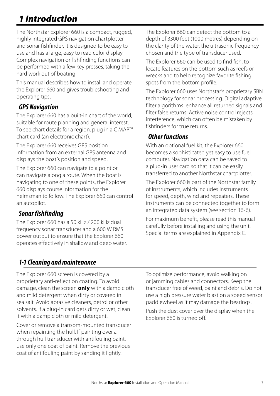 1 introduction, 1 cleaning and maintenance, Gps navigation | Sonar fishfinding, Other functions | NorthStar Navigation Explorer 660 User Manual | Page 7 / 76