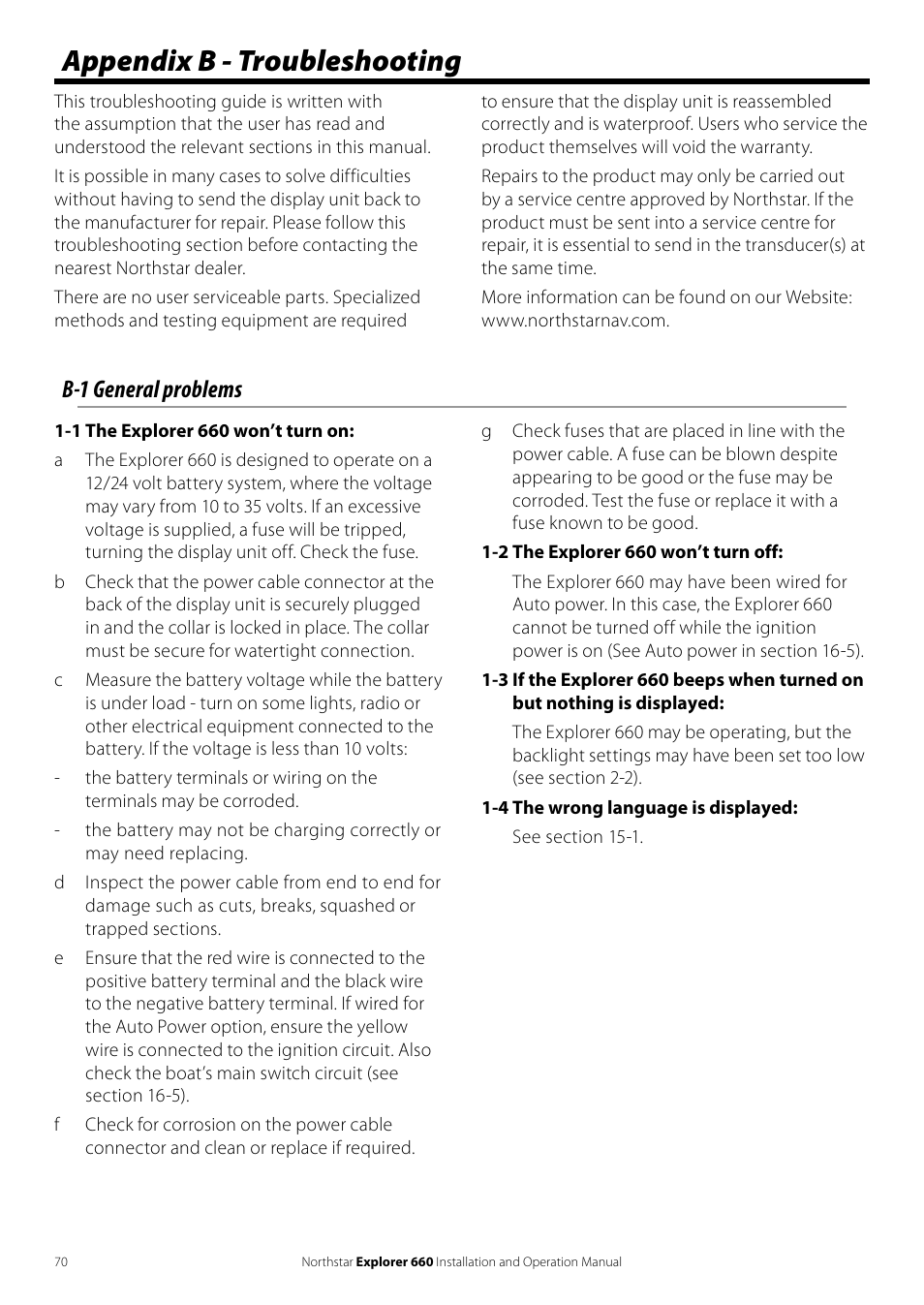 Appendix b - troubleshooting, B-1 general problems | NorthStar Navigation Explorer 660 User Manual | Page 70 / 76