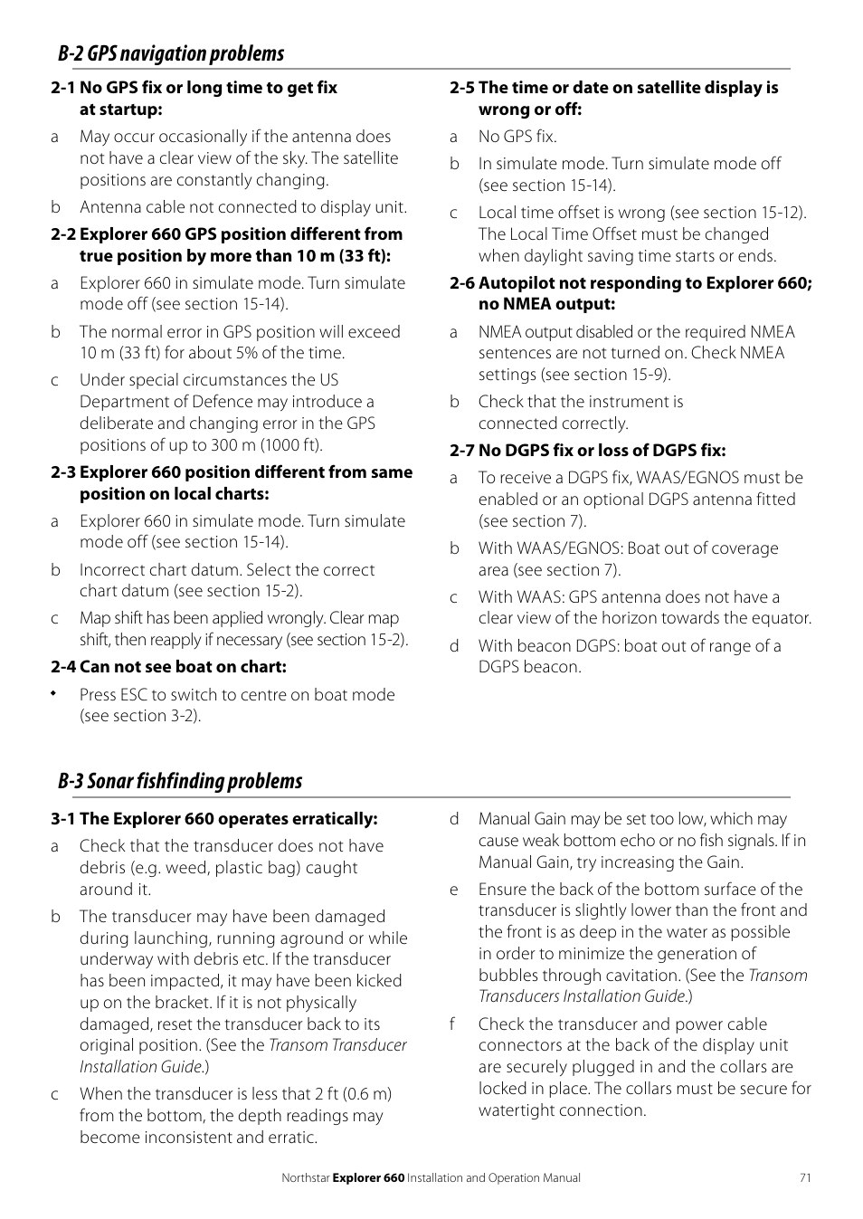 B-2 gps navigation problems, B-3 sonar fishfinding problems | NorthStar Navigation Explorer 660 User Manual | Page 71 / 76