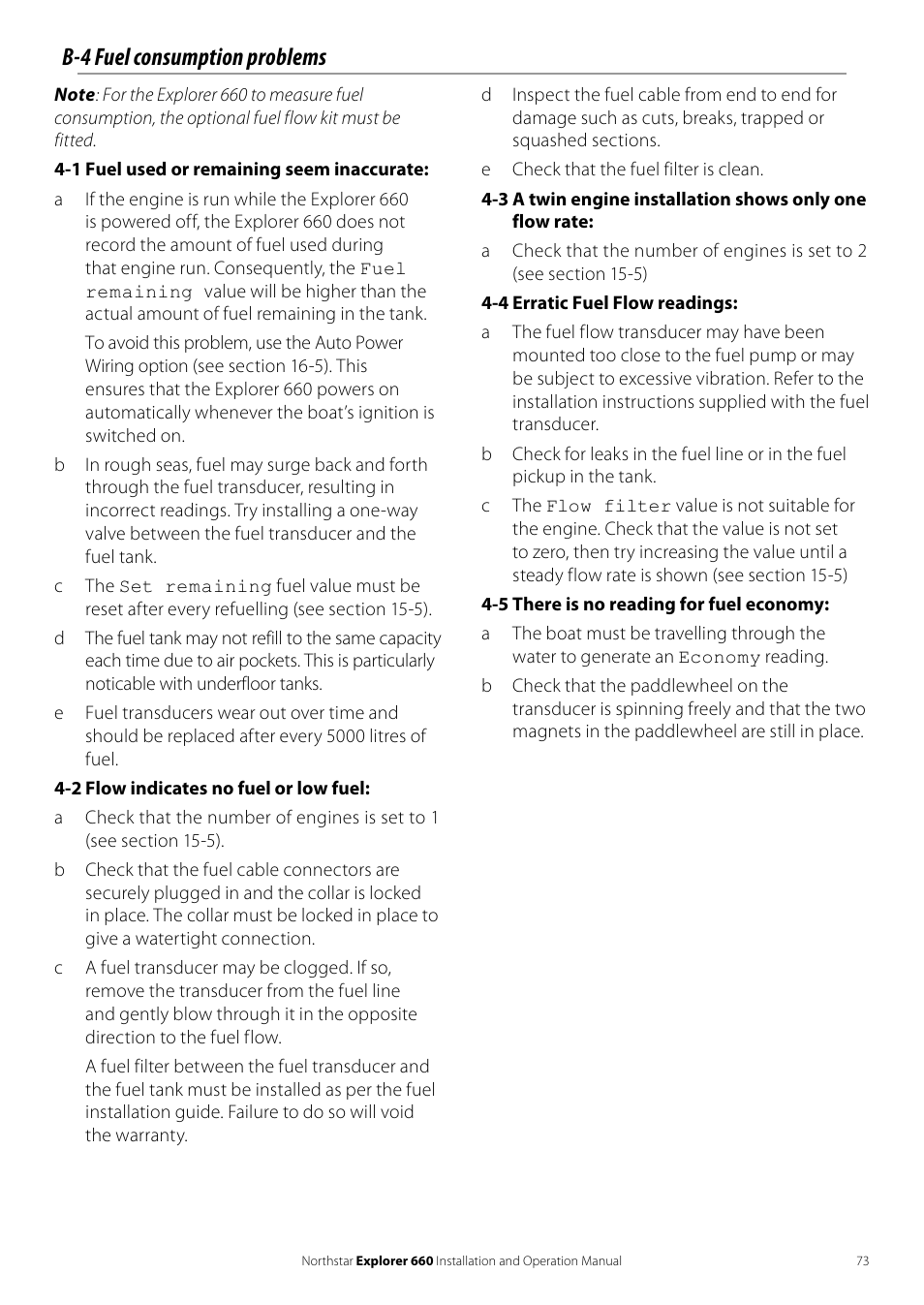 B-4 fuel consumption problems | NorthStar Navigation Explorer 660 User Manual | Page 73 / 76