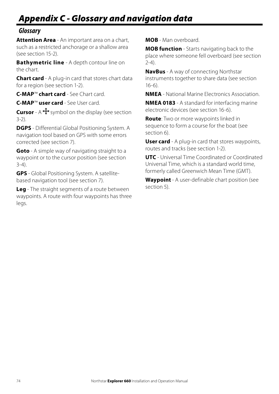 Appendix c - glossary and navigation data, Glossary | NorthStar Navigation Explorer 660 User Manual | Page 74 / 76