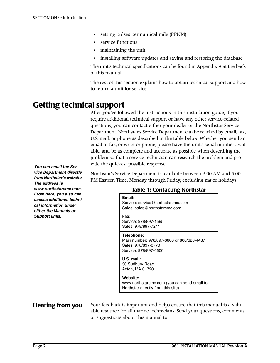 Getting technical support, Hearing from you | NorthStar Navigation GM1708 961XD User Manual | Page 12 / 86