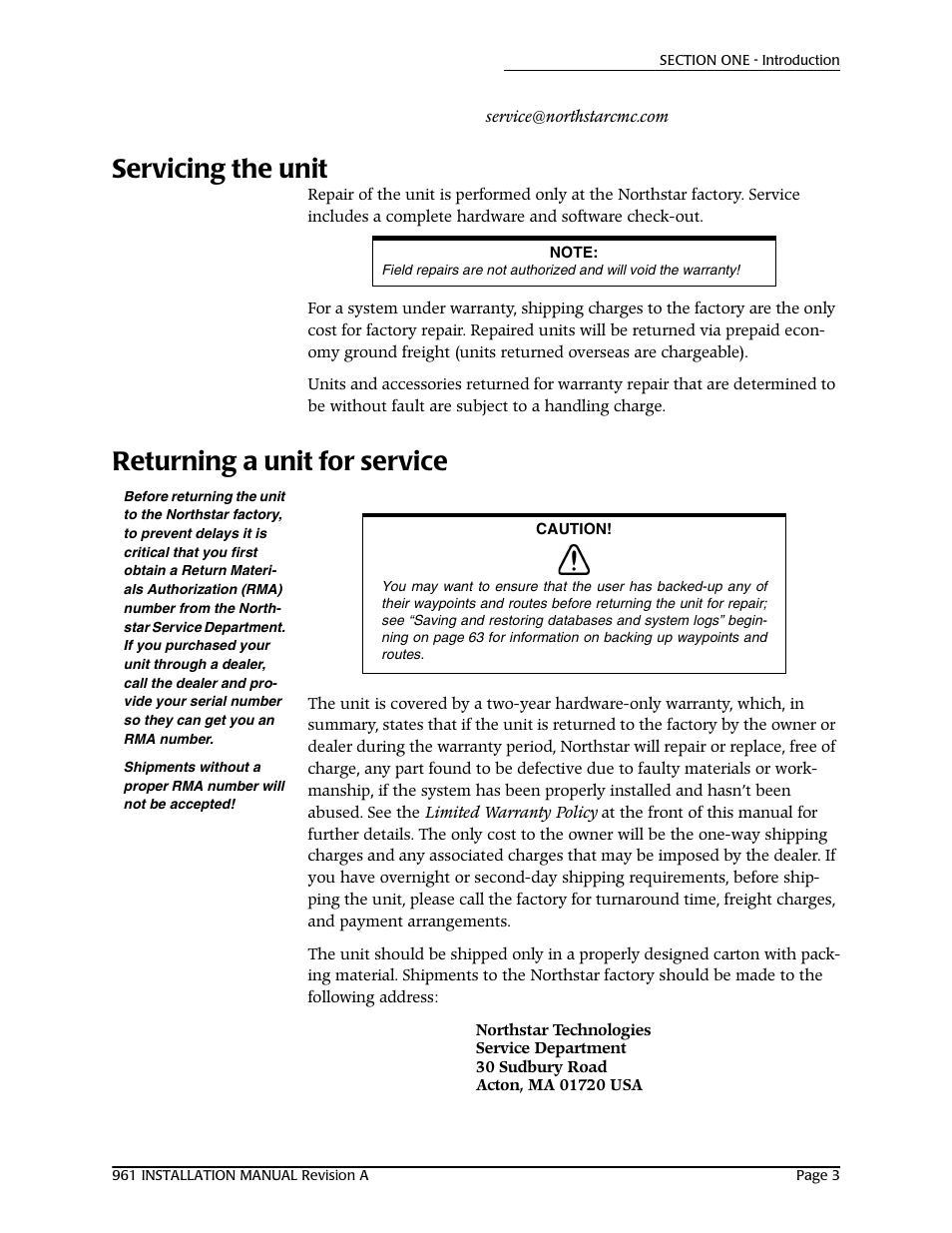 Servicing the unit, Returning a unit for service | NorthStar Navigation GM1708 961XD User Manual | Page 13 / 86