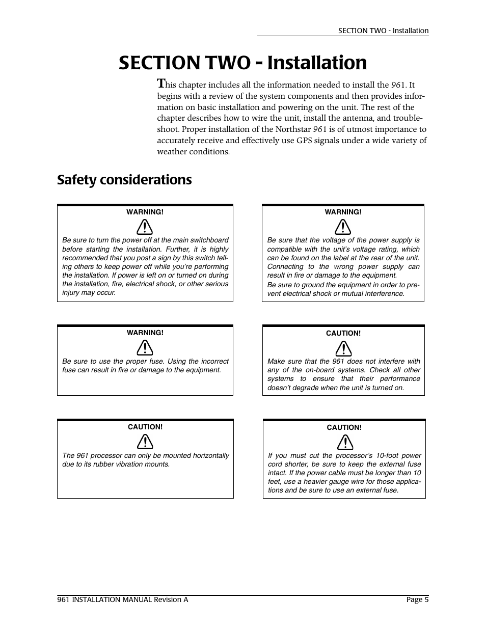 Section two - installation, Safety considerations | NorthStar Navigation GM1708 961XD User Manual | Page 15 / 86