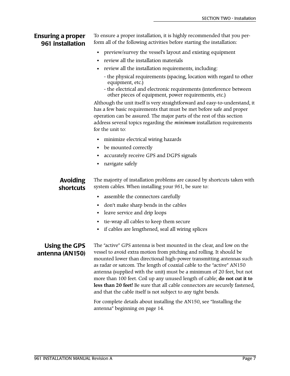 Ensuring a proper 961 installation, Avoiding shortcuts, Using the gps antenna (an150) | NorthStar Navigation GM1708 961XD User Manual | Page 17 / 86