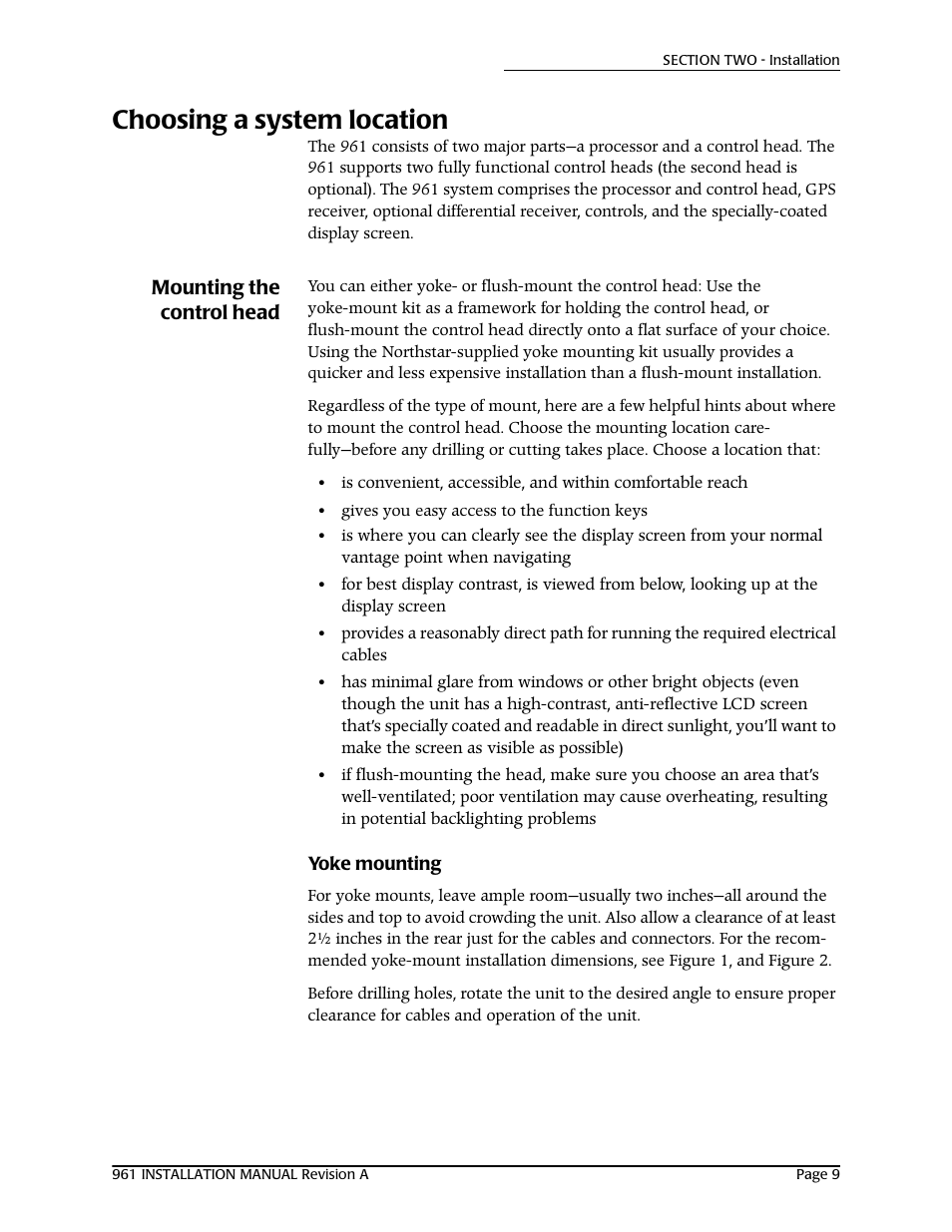 Choosing a system location, Mounting the control head, Yoke mounting | NorthStar Navigation GM1708 961XD User Manual | Page 19 / 86