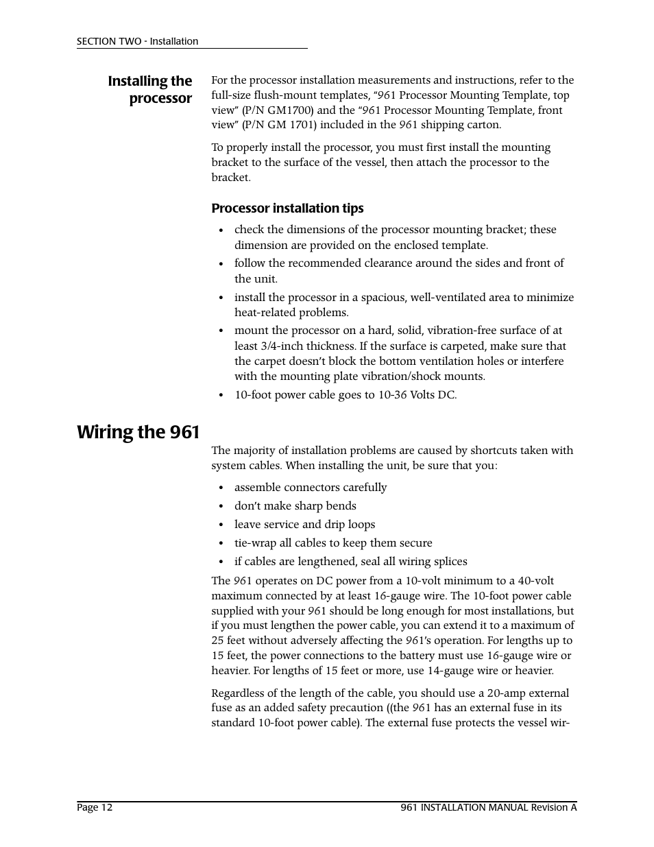 Installing the processor, Processor installation tips, Wiring the 961 | Wiring the | NorthStar Navigation GM1708 961XD User Manual | Page 22 / 86