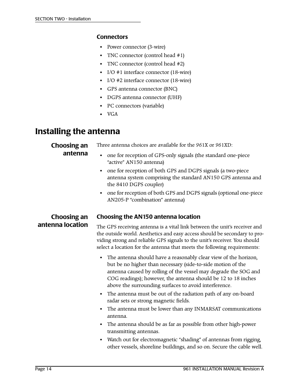 Connectors, Installing the antenna, Choosing an antenna | Choosing an antenna location, Choosing the an150 antenna location | NorthStar Navigation GM1708 961XD User Manual | Page 24 / 86