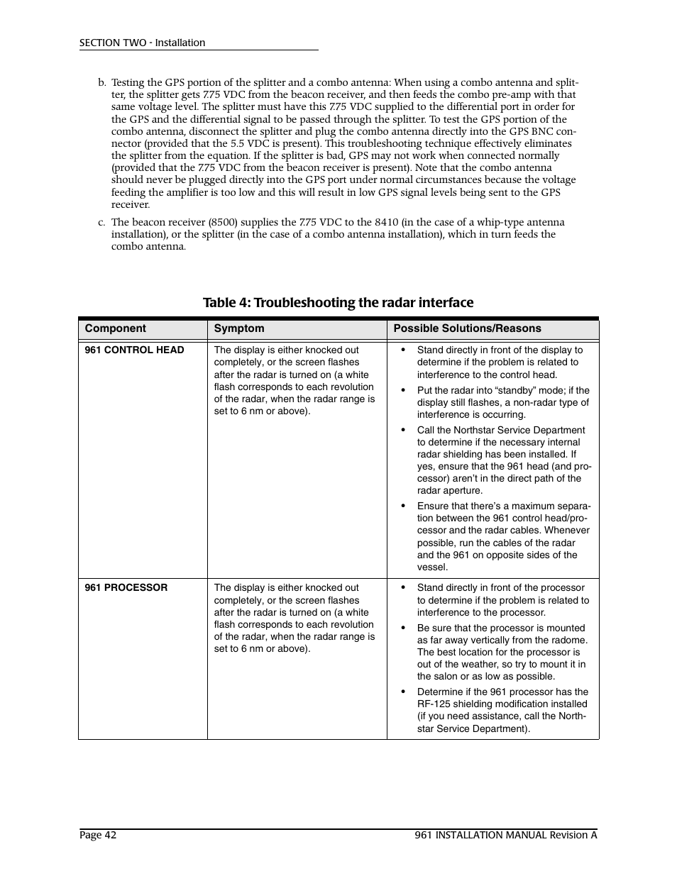 Table 4: troubleshooting the radar interface | NorthStar Navigation GM1708 961XD User Manual | Page 52 / 86