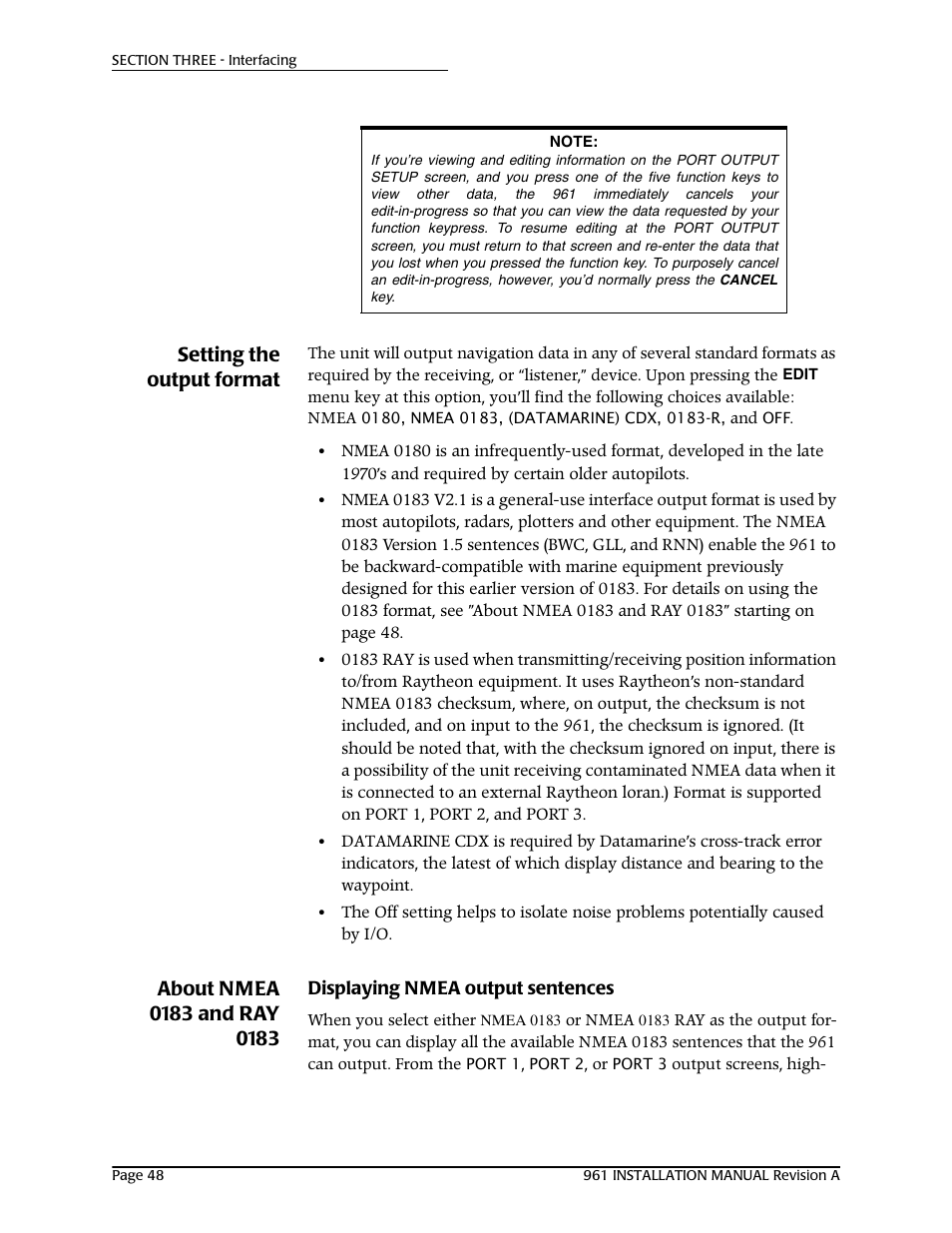 Setting the output format, About nmea 0183 and ray 0183, Displaying nmea output sentences | NorthStar Navigation GM1708 961XD User Manual | Page 58 / 86