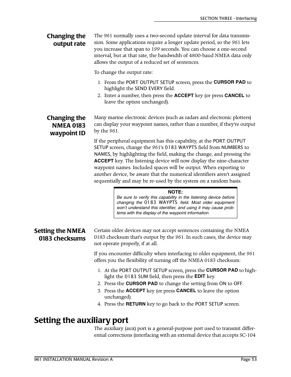 Changing the output rate, Changing the nmea 0183 waypoint id, Setting the nmea 0183 checksums | Setting the auxiliary port | NorthStar Navigation GM1708 961XD User Manual | Page 63 / 86
