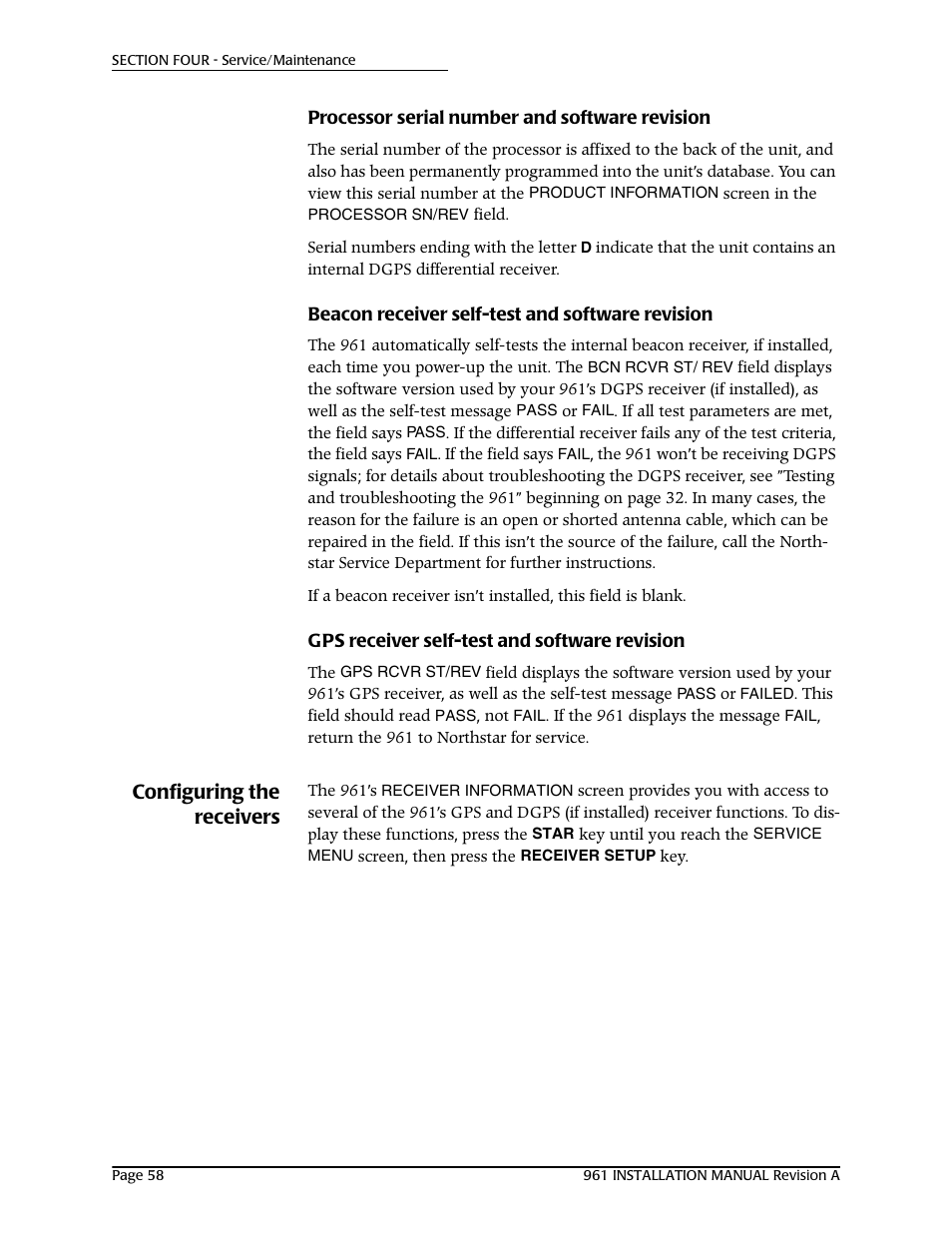 Processor serial number and software revision, Beacon receiver self-test and software revision, Gps receiver self-test and software revision | Configuring the receivers | NorthStar Navigation GM1708 961XD User Manual | Page 68 / 86