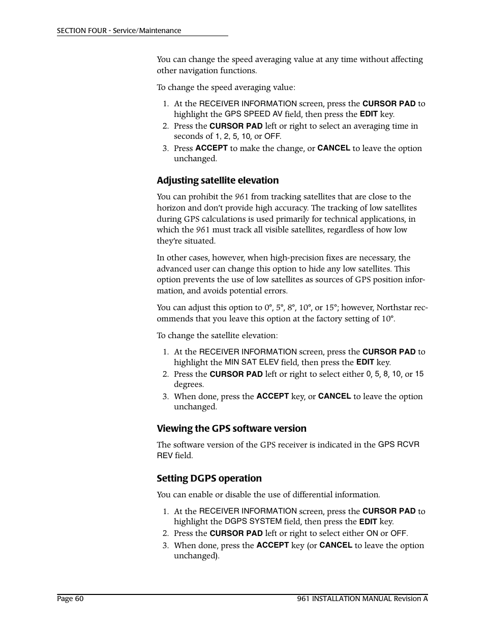 Adjusting satellite elevation, Viewing the gps software version, Setting dgps operation | NorthStar Navigation GM1708 961XD User Manual | Page 70 / 86