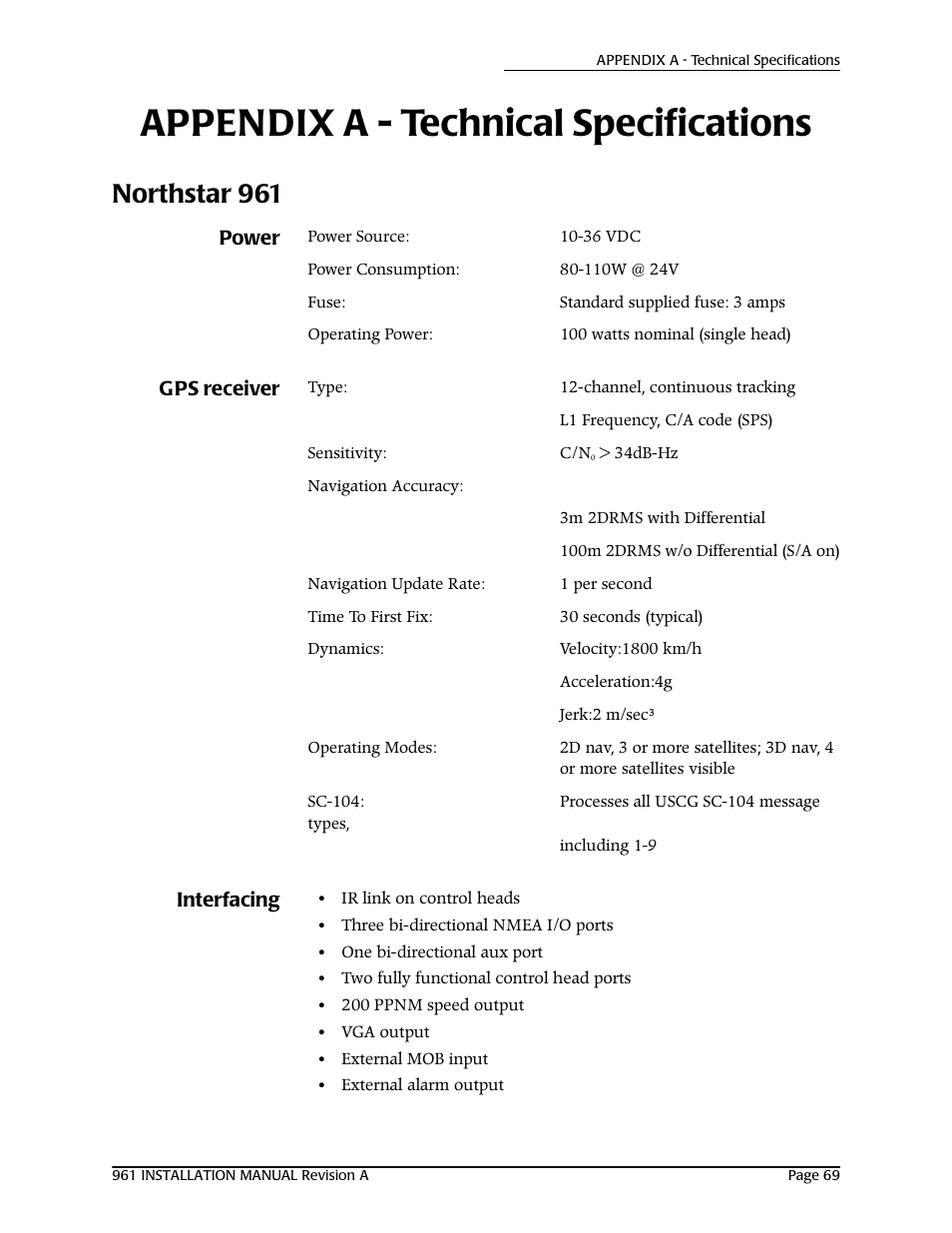 Appendix a - technical specifications, Northstar 961, Power | Gps receiver, Interfacing | NorthStar Navigation GM1708 961XD User Manual | Page 79 / 86