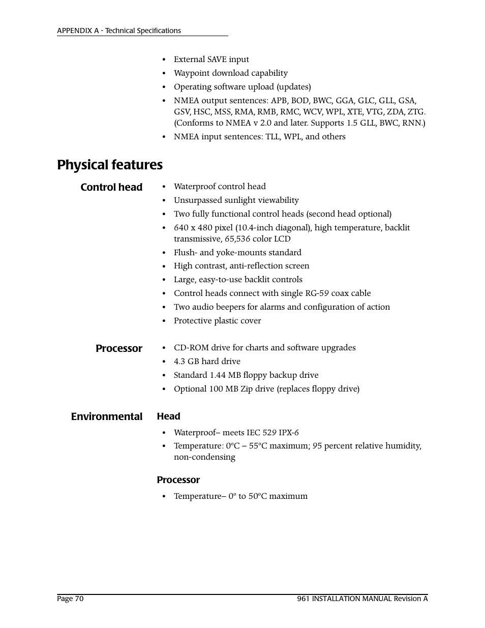 Physical features, Control head, Processor | Environmental, Head | NorthStar Navigation GM1708 961XD User Manual | Page 80 / 86