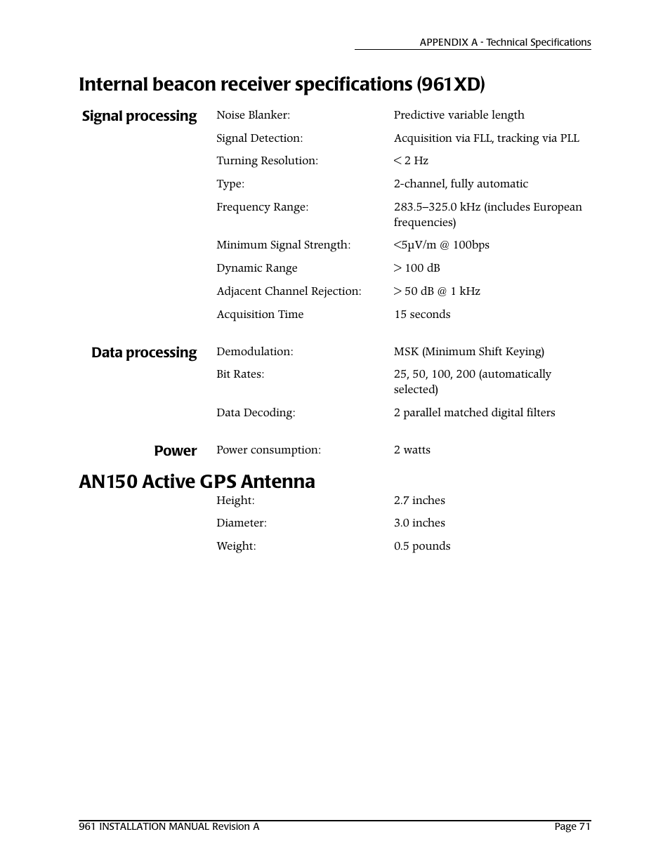 Internal beacon receiver specifications (961xd), Signal processing, Data processing | Power, An150 active gps antenna | NorthStar Navigation GM1708 961XD User Manual | Page 81 / 86