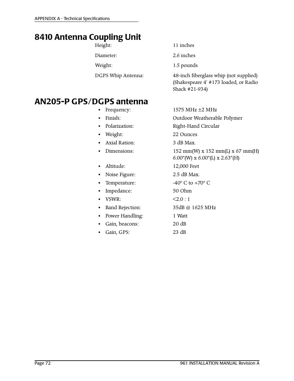 8410 antenna coupling unit, An205-p gps/dgps antenna | NorthStar Navigation GM1708 961XD User Manual | Page 82 / 86