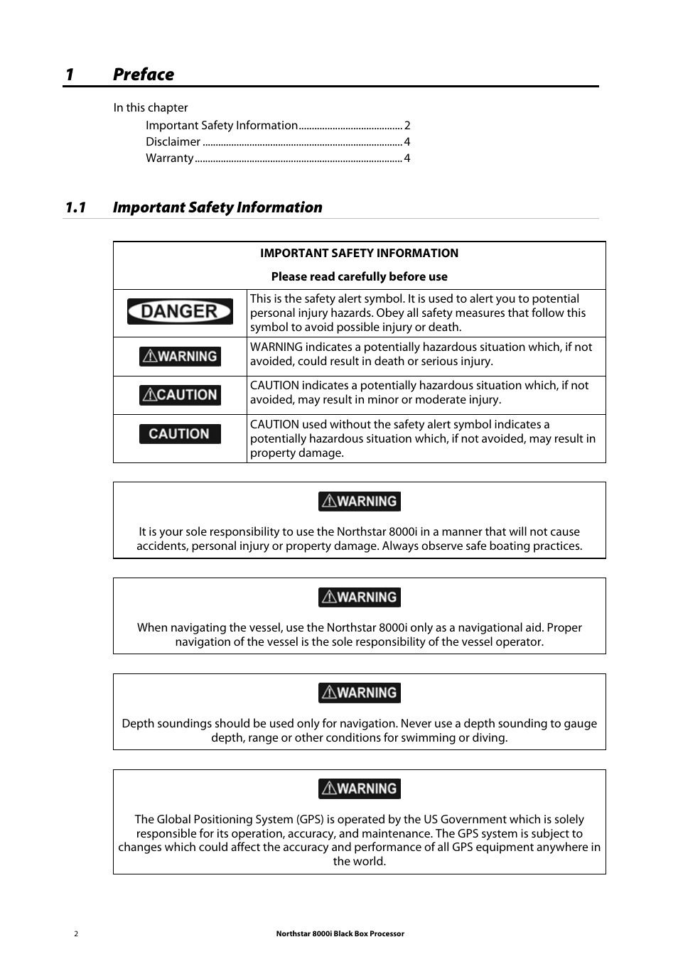 1 preface, 1 important safety information, 1preface | NorthStar Navigation 8000I User Manual | Page 2 / 88