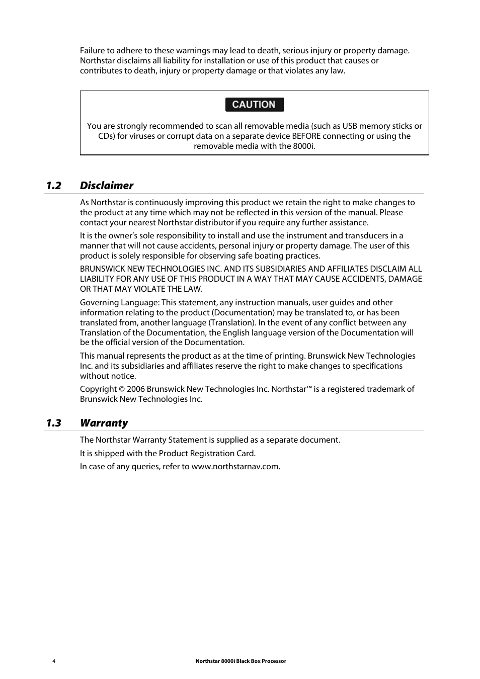 2 disclaimer, 3 warranty | NorthStar Navigation 8000I User Manual | Page 4 / 88