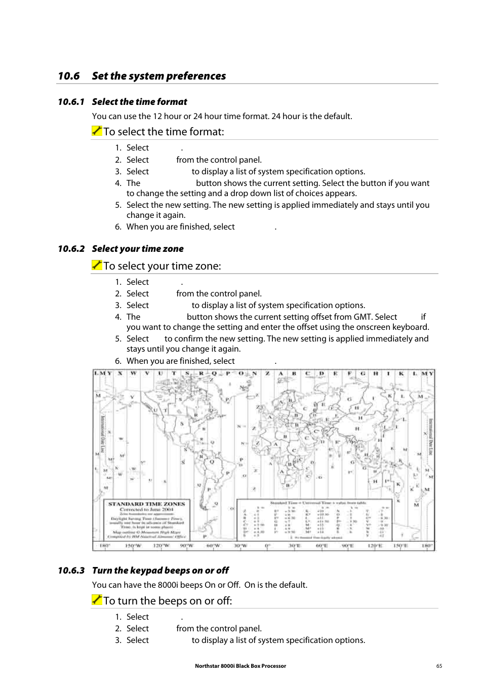 6 set the system preferences, 1 select the time format, 2 select your time zone | 3 turn the keypad beeps on or off | NorthStar Navigation 8000I User Manual | Page 65 / 88