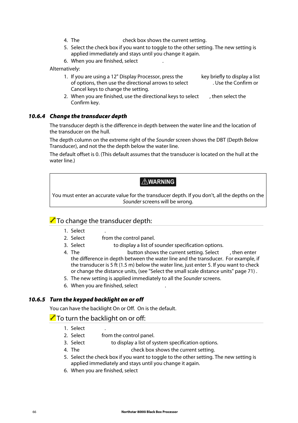 4 change the transducer depth, 5 turn the keypad backlight on or off | NorthStar Navigation 8000I User Manual | Page 66 / 88