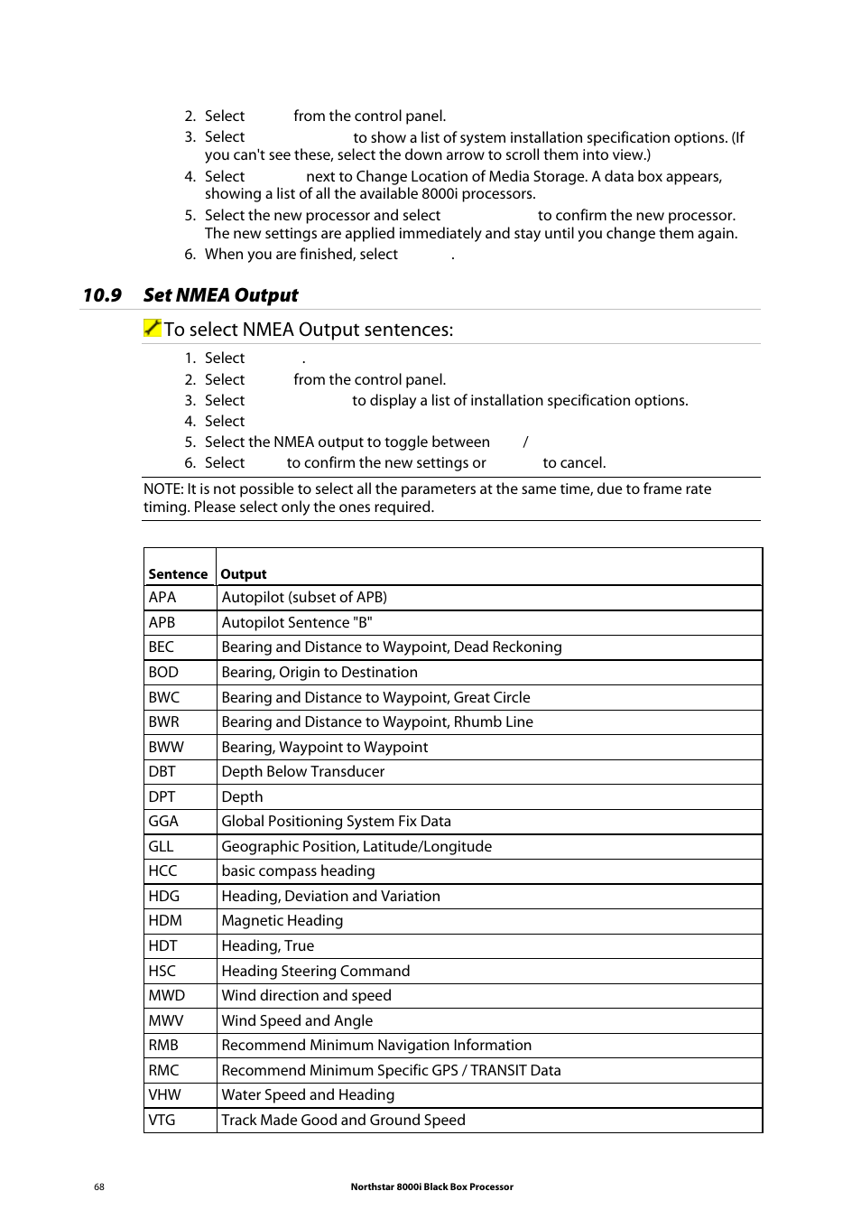 9 set nmea output, 9 set nmea output to select nmea output sentences | NorthStar Navigation 8000I User Manual | Page 68 / 88