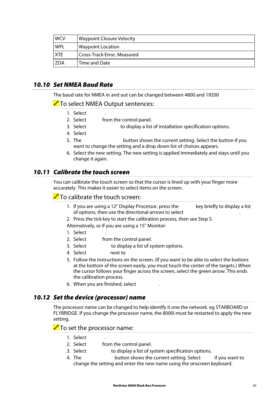 10 set nmea baud rate, 11 calibrate the touch screen, 12 set the device (processor) name | NorthStar Navigation 8000I User Manual | Page 69 / 88