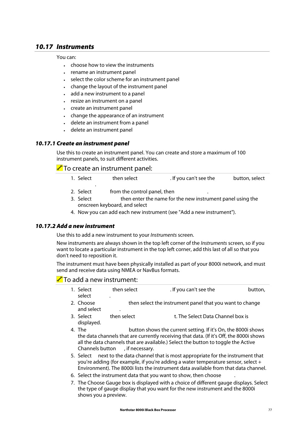 17 instruments, 1 create an instrument panel, 2 add a new instrument | NorthStar Navigation 8000I User Manual | Page 77 / 88