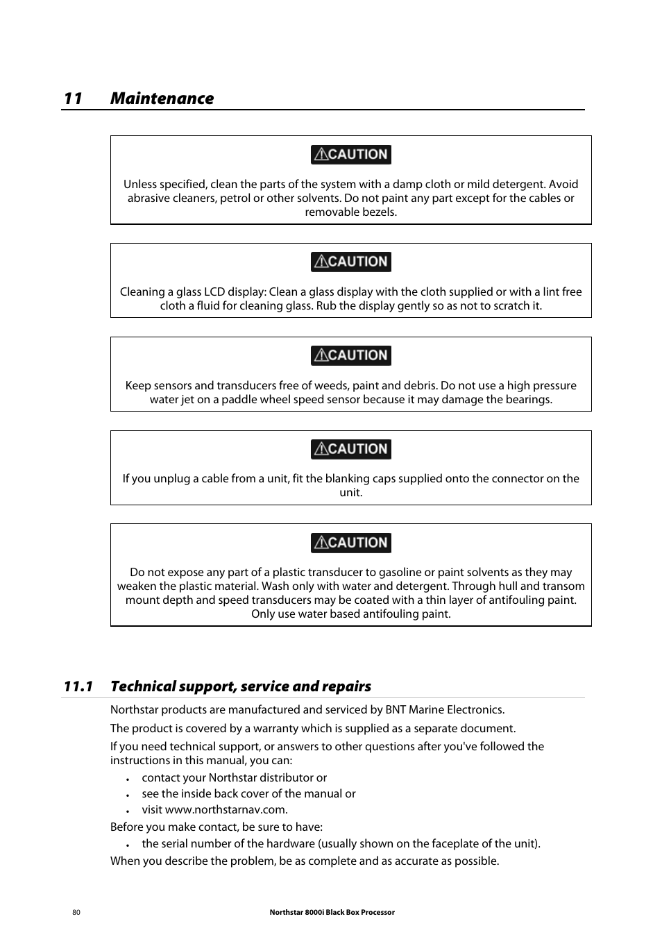 11 maintenance, 1 technical support, service and repairs | NorthStar Navigation 8000I User Manual | Page 80 / 88