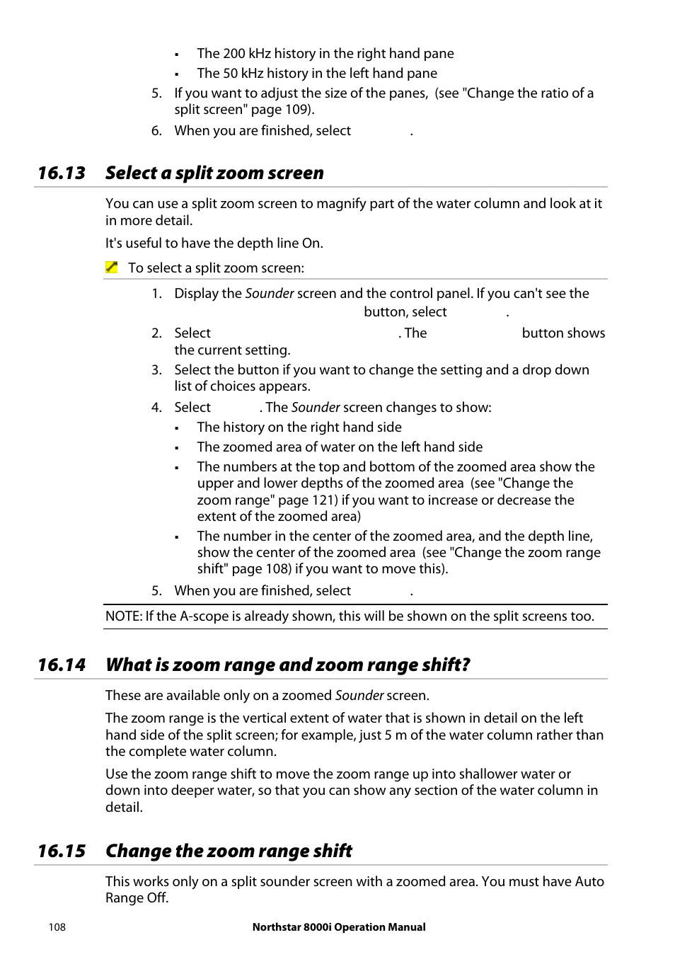 13 select a split zoom screen, 14 what is zoom range and zoom range shift, 15 change the zoom range shift | NorthStar Navigation NorthStar 8000i User Manual | Page 108 / 220