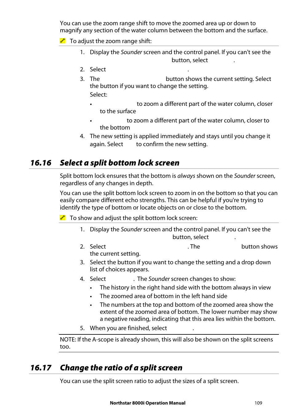 16 select a split bottom lock screen, 17 change the ratio of a split screen | NorthStar Navigation NorthStar 8000i User Manual | Page 109 / 220