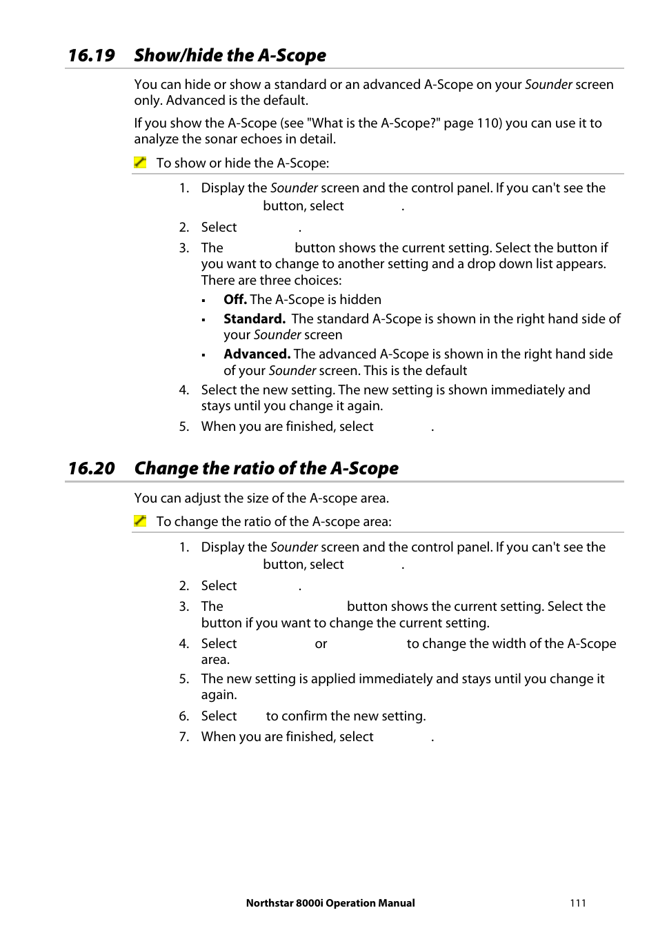 19 show/hide the a-scope, 20 change the ratio of the a-scope | NorthStar Navigation NorthStar 8000i User Manual | Page 111 / 220