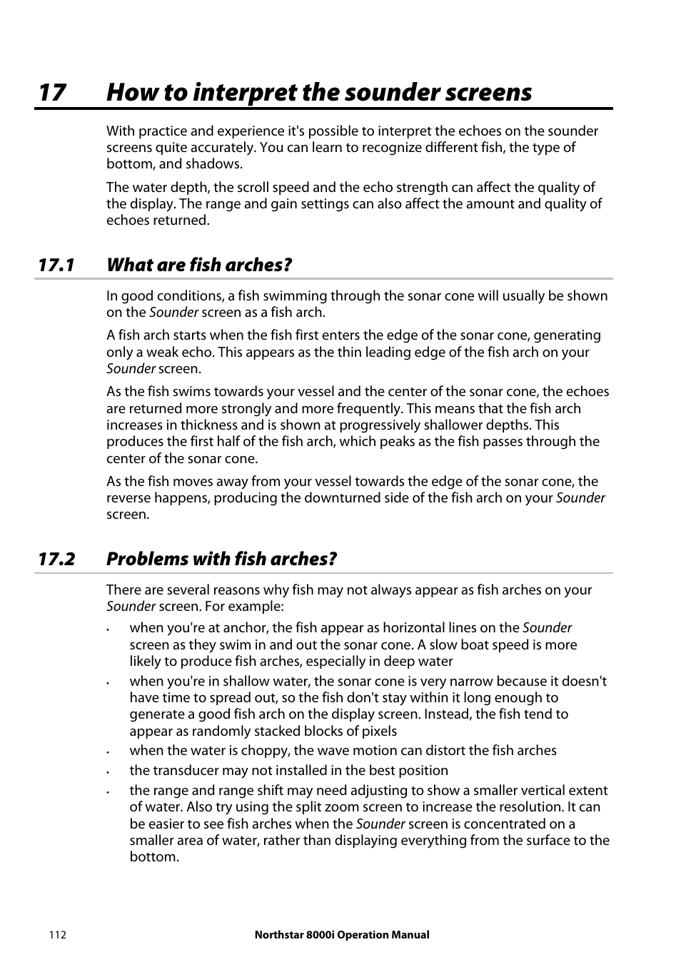 17 how to interpret the sounder screens, 1 what are fish arches, 2 problems with fish arches | NorthStar Navigation NorthStar 8000i User Manual | Page 112 / 220