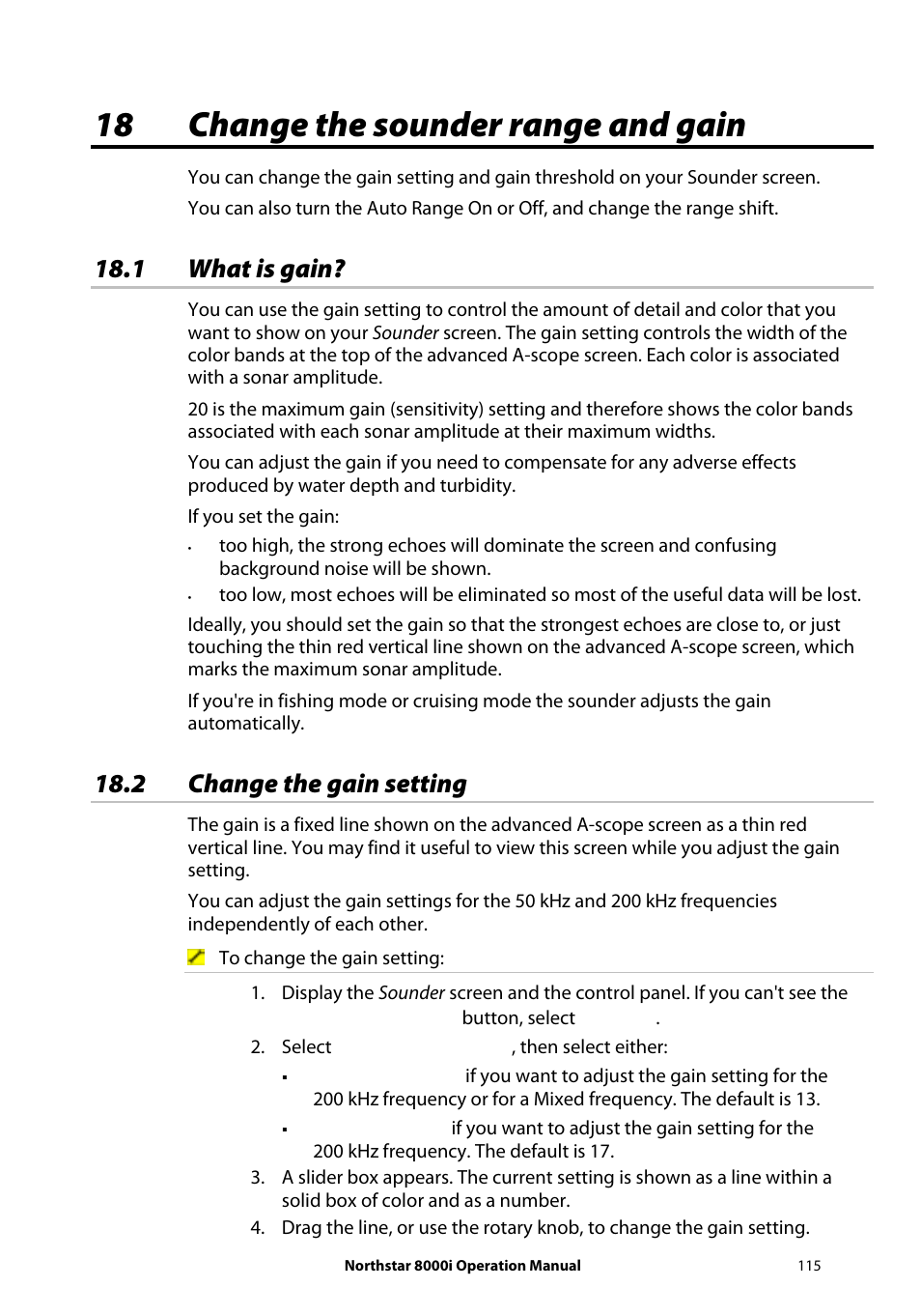 18 change the sounder range and gain, 1 what is gain, 2 change the gain setting | NorthStar Navigation NorthStar 8000i User Manual | Page 115 / 220
