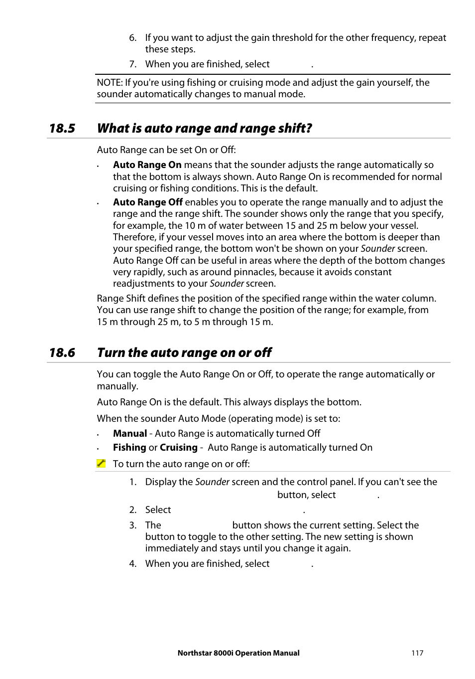 5 what is auto range and range shift, 6 turn the auto range on or off | NorthStar Navigation NorthStar 8000i User Manual | Page 117 / 220