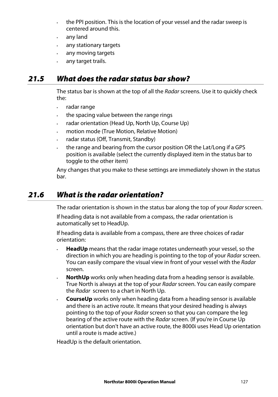5 what does the radar status bar show, 6 what is the radar orientation | NorthStar Navigation NorthStar 8000i User Manual | Page 127 / 220